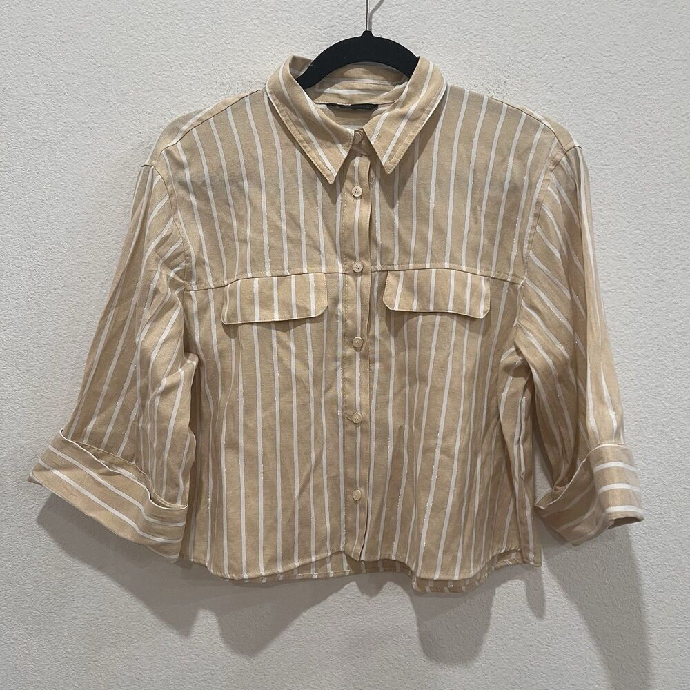 Zara Women’s button down Striped Cropped Shirt Sz M Metallic Preppy Casual Chic